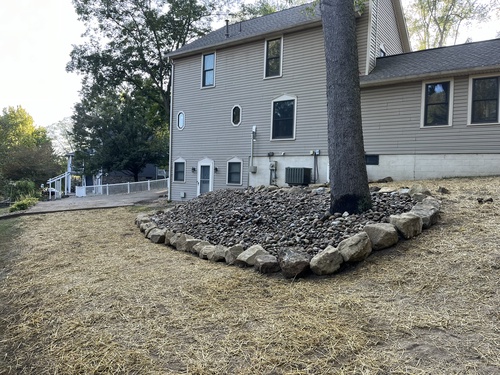River rock bed installed around a tree with a natural stone border