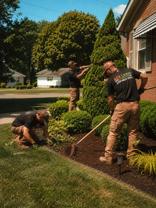 Ace Lawn & Landscape crew edging and mulching a landscape bed