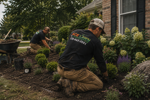 Crew member planting shrubs and perennials in a fresh bed