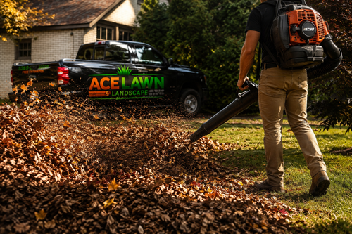 Crew member clearing fall leaves with a backpack blower